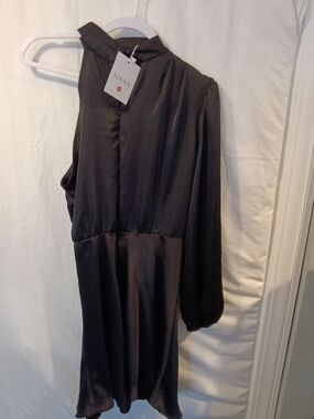 Koumi One-Shoulder Black Satin Dress